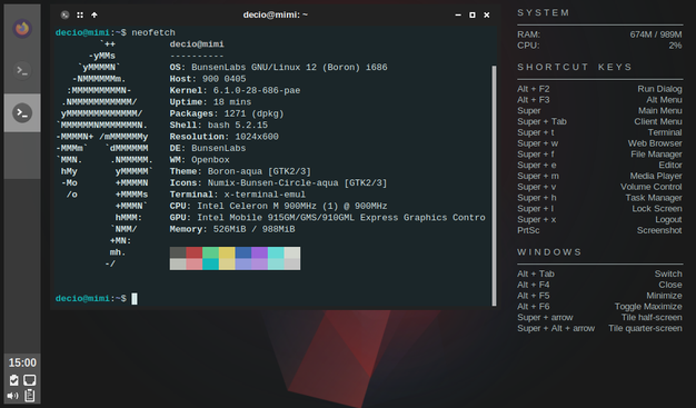 Capture d'écran d'un terminal exécutant la commande neofetch sur un eee PC 900. Détails affichés : OS BunsenLabs GNU/Linux 12 Boron, processeur Intel Celeron M 900 MHz, RAM 526 MB/988 MB, avec une vue des raccourcis clavier dans la barre latérale droite.