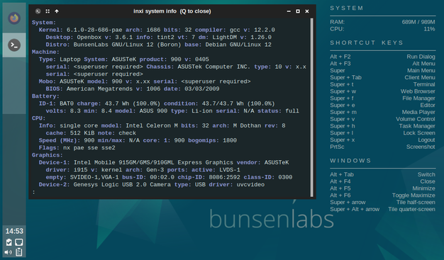 Capture d'écran du terminal exécutant la commande inxi pour afficher des informations détaillées sur le système (matériel, batterie, CPU, et graphiques). Le bureau utilise Openbox avec des raccourcis visibles sur la droite.
