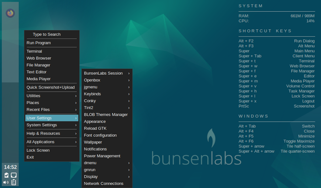 Capture d'écran montrant les options de configuration "User settings" dans le menu de BunsenLabs, avec des options telles que "Appearance", "Power Management" et "Network Connections", sur un fond bleu minimaliste avec le logo de BunsenLabs.