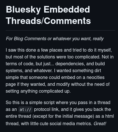 So cool to see another way to embed Bluesky replies as comments for websites such as a blog you may have. This one created thanks to @kayin.moe and also have threaded view
Exploring all these atproto experiments keeps me busy!