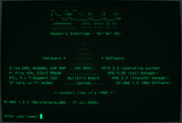 Screenshot of the RC-BOX BBS ASCII (text) welcome banner featuring Santa and his sleigh sending Season's Greetings.

Call us via Telnet at: rc2014.ddns.net:2014