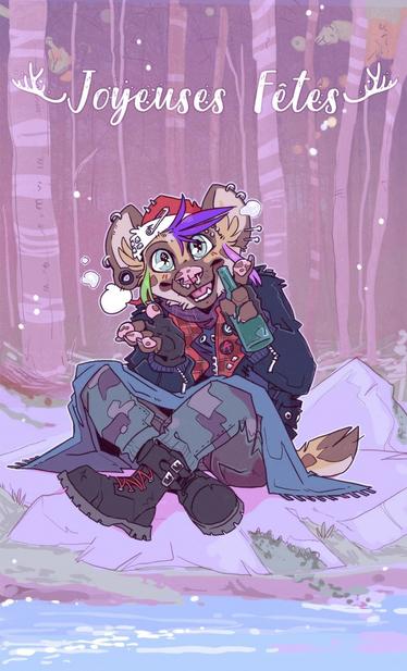 Digital drawing of Mlice, an anthro punk hyena, sitting next to a river. It's snowing, they are drinking a beer and wearing a Santa hat. It's written "happy holidays"