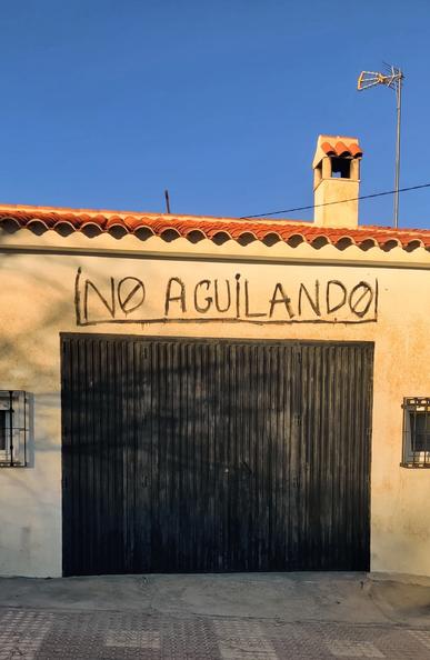 Una fachada con una puerta negra. Sobre ella han pintado unas letras negras que dicen "No Aguilando"