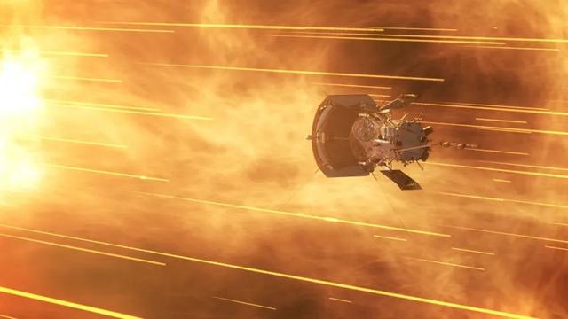 Artist's impression of the Parker Solar Probe, a small satellite, shooting through fiery streaks of hot gas in front of the enormous Sun.