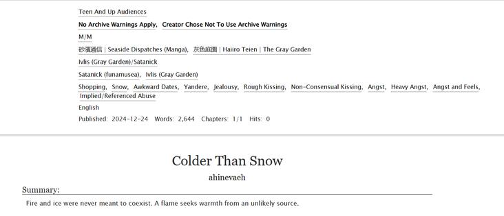 Screenshot of my fanfiction "Colder Than Snow" featuring Satanick and Ivlis.