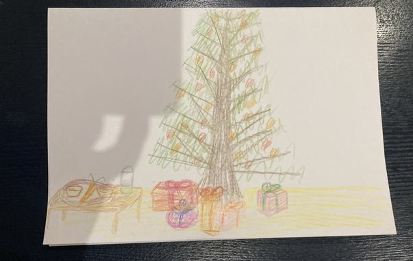 A coloured pencil drawing of a Christmas tree with coloured lights on and give presents underneath of different shapes and colours. There is a small table to the left with a glass half full on it and a plate with two mince pies and a carrot.