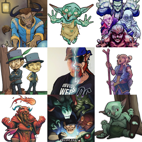 A square image divided into 9 equally sized squares. In the center is the illustrator Matt mrlich Lichtenwalner. In the surrounding 8 squares are images he’s created in 2024.