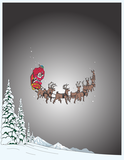 This image was made in CorelDraw using royalty-free graphics and a little time. It shows Santa, the sleigh and nine reindeer soaring through the night sky over a snowy forest landscape.