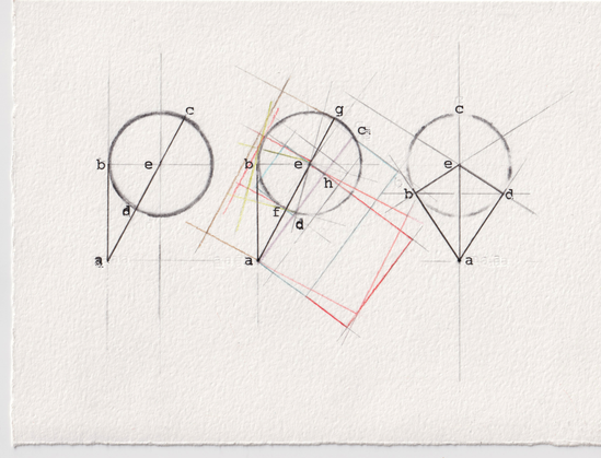 A rendering of proposition 35 from book III of the 1482 print-edition of Elements; done with mixed media.

Three circles, identical in size, arranged in a line roughly equal ways apart. Each has a point marked outside its circumference wherefrom lines are drawn that either cut the circle or touch the circumference. The middle circle is additionally cluttered by a multitude of straight lines and right angles, in colors ranging red through green; maybe evocative of a very small child's coloring project if that very small child only used straight lines and right angles.