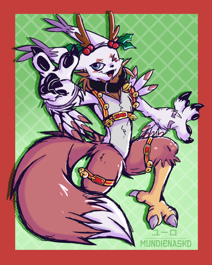 Coloured sketch of my Digisona Hybridmon with a reindeer attire