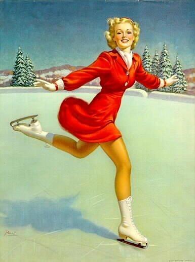 A curled hair blond woman, in a red outfit, ice skating.