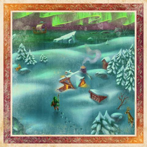 A holiday card depicting a lone adventurer slowly making his way to a remote cabin in a heavily snowed-in northern landscape.