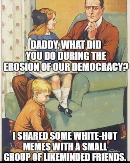 DADDY, WHAT DID YOU DO DURING THE EROSION OF OUR DEMOCRACY?

I SHARED SOME WHITE-HOT MEMES WITH A SMALL GROUP OF LIKEMINDED FRIENDS.