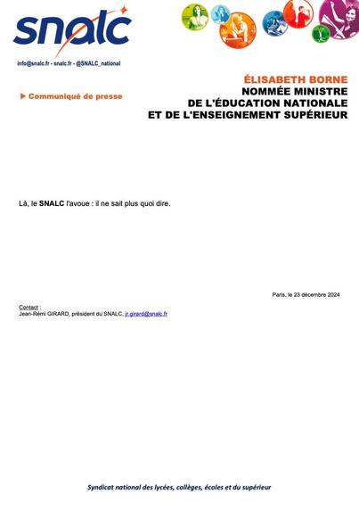 Communiqué : Nomination d'Elisabeth Borne comme Ministre de l'Education.

Là le SNALC l'avoue : il ne sait plus quoi dire