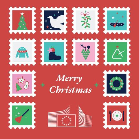 A festive Christmas-themed graphic with a red background. The image features 12 postage stamp illustrations arranged in a grid. The stamps represent various holiday traditions across Europe: a decorated Christmas tree, a white dove against a starry night, mistletoe tied with a ribbon, crossed candy canes, a blue Christmas sweater with red and white patterns, a stocking with holly leaves, a bunch of grapes, a green triangular bell with a red star, Christmas cookies (a star, a tree, and a snowman), a broom with stars, a green wreath with red accents, and a festive dinner plate with a fork and knife. Each stamp also features one star of the EU emblem. In the centre, "Merry Christmas" is written in white script. At the bottom, the logo of the European Commission appears in white.