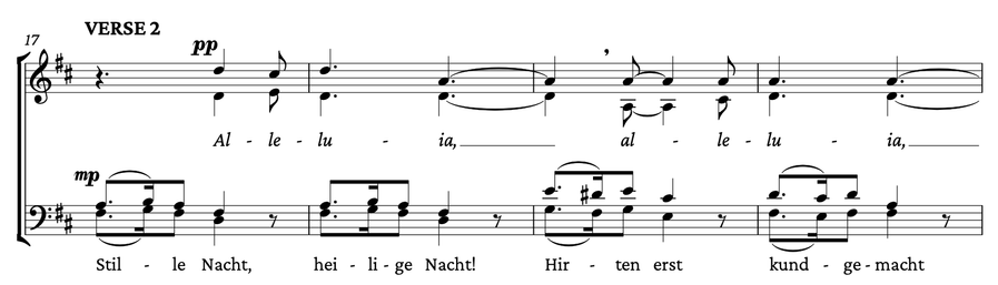 Two staves of music for choir, the soprano and alto parts on the top stave sing 'Alleluia, alleluia' marked pianissimo. The tenor and bass parts on the bottom stave sing verse 2 of Silent night in the original German: 'Stille Nacht, heilige Nacht! Hirten erst kundgemacht'  (roughly in English as 'Silent night, holy night! First heard by the shepherds (the hallelujah resounds)'