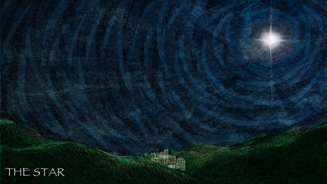 A single star shines brightly, its light radiating outward through a deep blue sky over a small town surrounded by green.