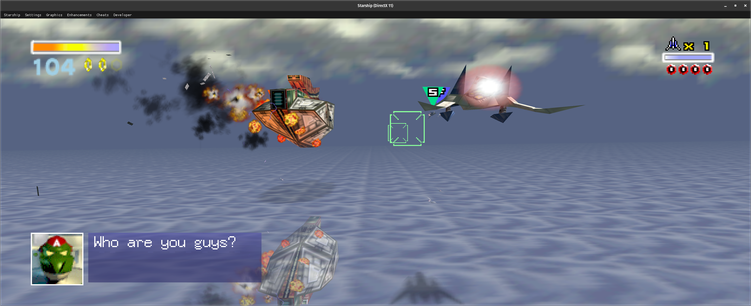 Captura de tela de Star Fox 64, rodando nativamente em PC em Ultra HD. 
A cena diurna mostra uma pequena nave vista de trás, com um jato atrás, e à frente dela uma nave maior está em chamas. Elas estão voando sobre um oceano. 
Na parte inferior há uma imagem de um personagem com aparência de dinossauro e uma caixa de texto ao lado dele dizendo "Who are you guys?"