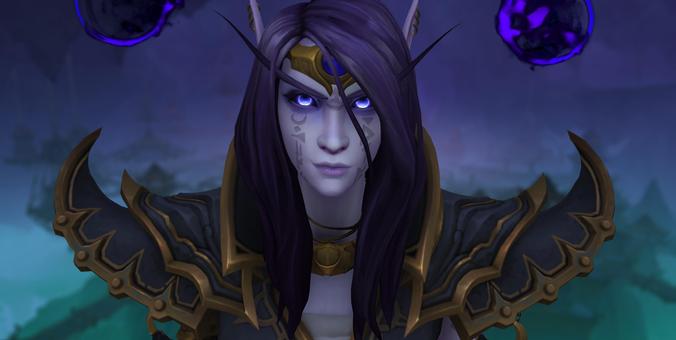 Promo key art for Xal’atath, the Harbinger, in World of Warcraft: The War Within.

She has faded blue skin and piercing night blue eyes with bright blue sclera. Her long straight hair is dark violet fading to almost black. Her long eyebrows pierce up and away from her face, through her hair, like a nightborn elf. Beneath her blue smokey eye shadow are glyphs leading downward across her cheeks.