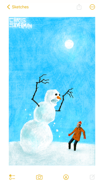 A bright sunny day: the sky is clear and blue, and the ground is covered with snow. On the left side of the painting is an enormous snowman. It is leaning forward, its stick arms raised menacingly. It has an open mouth, a carrot for a nose, and two black eyes. Snow is flying around it. It is leaning towards a person in front of it. The person is wearing dark pants, an orange jacket, and red mittens and hat, and is stepping back in shock, as though the snowman has only just come to life by the power of the great and terrible snow demons.