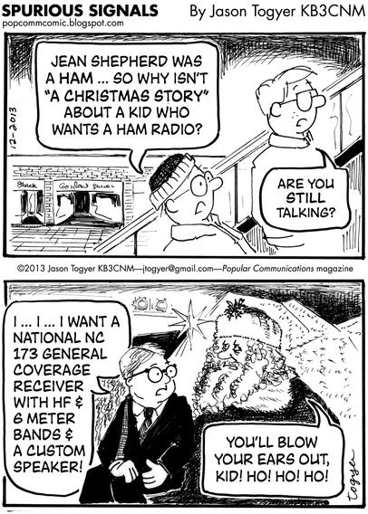 Cartoon depicts Ralphie from "A Christmas Story" asking Santa Claus for a "National NC-173 general coverage receiver with HF and 6-meter bands and a custom speaker!" Santa replies, "You'll blow your ears out, kid. Ho ho ho!"