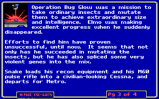 screenshot of the story of Bio Menace: "Snake loads his recon equipment and his M60 pulse rifle into a civilian-looking Cessna, and departs for Metro."