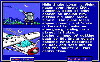 screenshot of the story of Bio Menace: "The plane loses engine power, and Snake is forced to make an emergency landing on a street in Metro."