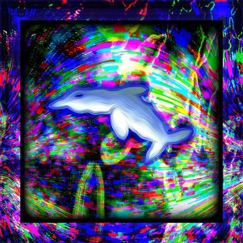Ein Delfin aus Ellipsen gezeichnet vor buntem Hintergrund in einem Rahmen.

A dolphin drawn from ellipses against a colored background in a frame.