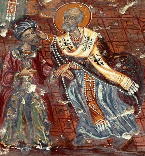 Nicholas slapping Arius, early 18th century fresco, Soumelá Monastery, Trabzon Province, Turkey