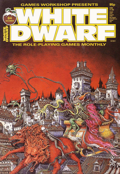 Cover of White Dwarf Magazine from December 1984, "Sanity Clause" by Ian Miller. The illustration features a Cthulhu-like Santa figure flying in a sleigh pulled by two wolves, with strange demonic gremlins climbing out of the sack and across the sleigh. In the background is a medieval city.