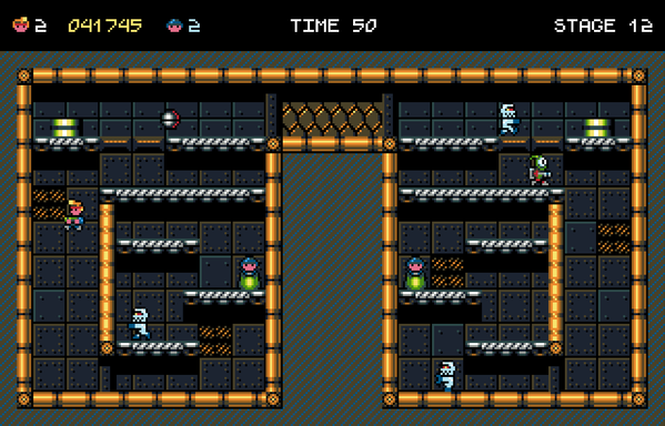 Stage 12 of Alien Intruder. The player character is airborne after a jump. Two crew member are wrapped on a cocoon and waiting to be rescued. There are a number of enemies on screen.