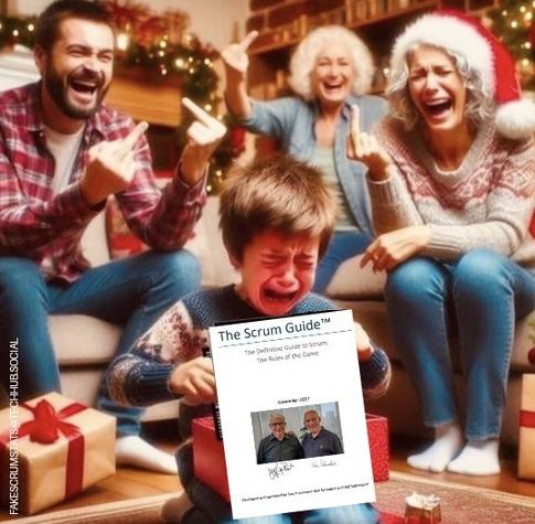 AI image of a child opening a Christmas gift and it's the scrum guide while the adults laugh.