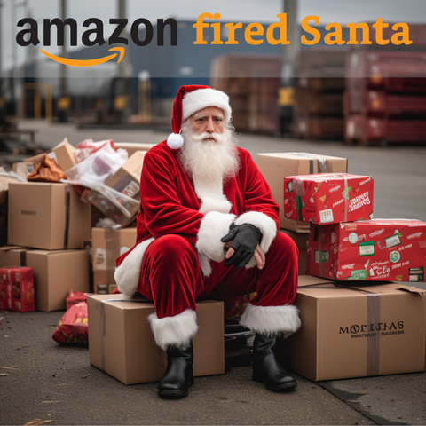 Un père Noël assis sur un tas de carton. La légende dit qu'il a été viré par Amazon.
