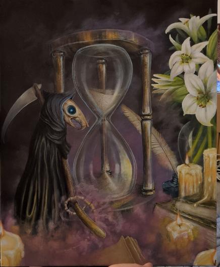 Acrylic painting of Death of Rats next to a life timer with candles and lilies scattered around. The floor and background are shrouded in an octarine mist.