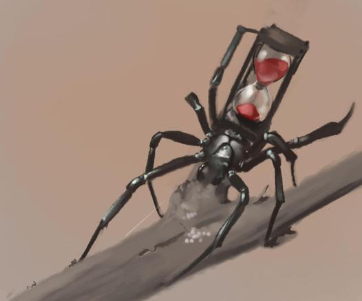 Digital painting of black widow spider with abdomen replaced by hourglass filled with red sand