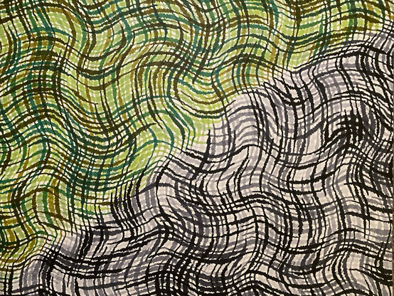 Squiggly wavy lines in greens and greys crossing the canvas left to right, and top to bottom