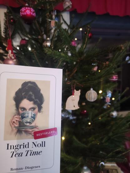 Das Buch von Ingrid Noll vor einem Weihnachtsbaum