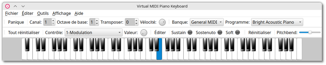 🕶️ A view of its UI (on my PC, v.0.5.1?) with the piano on the lower part, and its settings on the upper part (menus, rotary knobs, scrollbars, etc.).

📚️ Virtual MIDI Piano Keyboard (VMPK) is a libre, multi-platform virtual MIDI keyboard. It doesn't produce sound, but can be used to control a MIDI synthesizer (hardware or software, internal or external) to play notes via the PC keyboard or mouse, or to visualize on-screen notes played by another instrument or MIDI file player. In particular, it offers key parameterization, program and controller changeover support for MIDI synthesizers in a standard format (QTractor and TSE3 compatible).