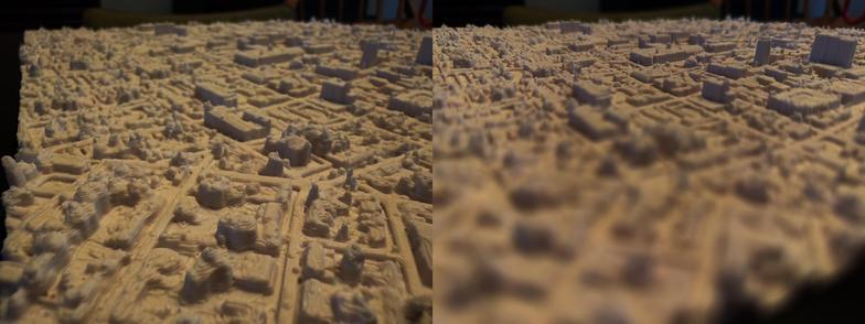 Extreme closeup of a white, 3D printed relief of Lancaster City, Pennsylvania. Presented as a Parallel Viewing stereoscopic image.