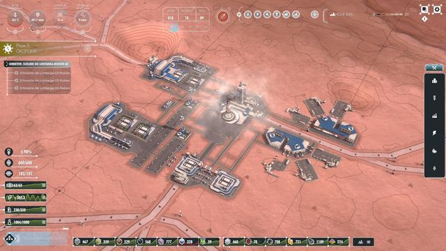 Ein Screenshot aus dem Spiel. Es ist ein Raumhafen auf dem Mars mit einem raketenähnlichen Raumschiff in der Mitte zu sehen. Das Raumschiff ist von Dampf umgeben, was den Austoß der gespeicherten Treibhausgase symbolisiert.

Die verschieden Anzeigen am Rand des Screenshot dokumentieren den bisherhigen Spielverlauf. Aktuell bin ich in der 3.Phase der Besiedlung angelangt, der sog. Ökopoese.