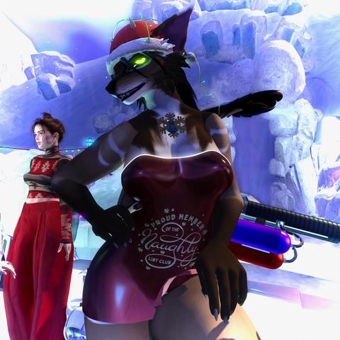 Furry woman in a snowy landscape. She wearing a dress with the Letters "Proud Member of the Naughty List Club".
