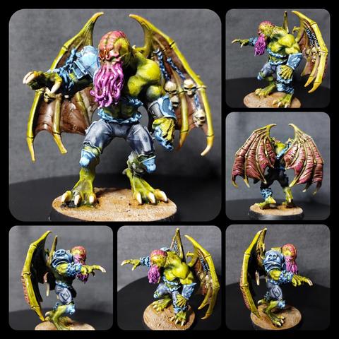 This is Captain Cthulhu, the blood bowl big guy. It's Cthulhu, so he's got massive wings and a face full of tentacles, but because he's blood bowel cthulhu he's also wearing a shoulder pad with the compulsory skull on his right shoulder and a squid decorated vambrace on his left arm and for some reason he's got the inside of his Wings decorated with skulls hanging off chains. 

Speaking of chains, this model is absolutely PLASTERED with them, as he's got them on his right arm in lieu of a vambrace, his left ankle as a shin guard, around his trousers as a belt, strapped across his torso as a strap for his pauldron, AND finally assured bit across is left knuckles as a knuckle duster. And I painted all of this s*** in non metallic metal which was rough lol

And of course there's the mottling on the wings. F*** that why I do I choose to Dot individual spots with two colours all over them