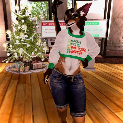 Furry woman in store with a chrirtmas-tree in the background.
She wearing a long-arm top in with with the letters "( ) Naughty, ( ) Nice, (X) Mind Your Business" on it.