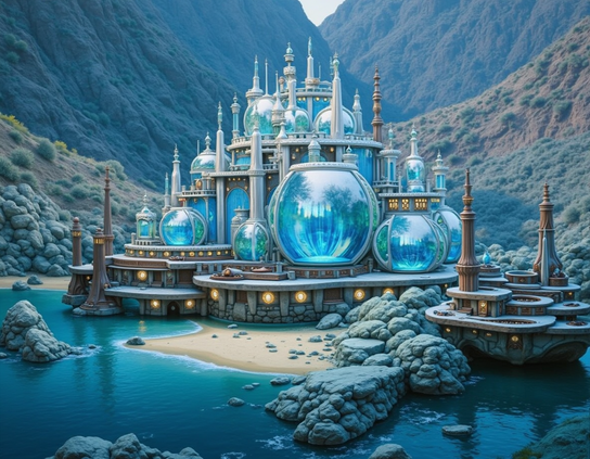 A fantastical castle with a stone foundation, intricate blue glass bubble shaped chambers, spires, warm lighting and reflective surfaces, in a mountainous landscape by a body of turquoise water bordered by similarly colored rocks.
