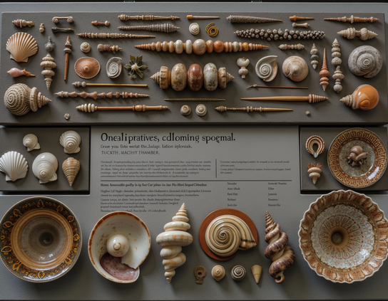 A display of collected shells and artifacts from an alternate timeline, showing parallel and divergent evoluton from ours, arranged in patterns of relatedness, on a document with a neutral grey background and text in an unknown language.