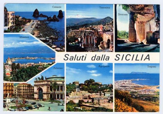 The image is a postcard featuring various scenic views and landmarks from different regions in Sicily, Italy. It displays nine squares with picturesque snapshots of the island's cities, landscapes, and historical sites.
From top left to bottom right:
1. Catania: The first square shows an urban landscape with buildings along the coast where the sea meets the city streets.
2. Taormina: A view captures a town nestled among hills in the distance; prominent is what appears to be Greek architecture or ruins, likely referencing Teatro Greco (Greek Theatre).
3. Siracusa: The second row starts with an image of towering rock formations rising from water, possibly highlighting Ustica.
4. Messina: Another urban scene features a coastal area and buildings near the seafront in the city known for its earthquake-resistant architecture.
5. Palermo: A square presents architectural grandeur, featuring what appears to be a neoclassical building with columns or arches.
6. Agrigento: This image showcases ancient ruins on elevated terrain, likely referring to Segesta Temple or Selinunte temple remnants.
7. Syracuse (Siracusa): The fourth row's leftmost square depicts an expansive view of the sea and coastline, possibly near Siracusa’s port area.
8. Trapani: An urban setting with modern architecture by a coastal road leads into what seems like historic buildings in town center; it could be indicative of Trapani old town or waterfront district.
 [...]