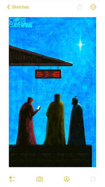 A bright starry night. Three tall, robed figures stand on a train station platform. While they are mostly silhouetted, the approximate colors of their robes are still visible. The leftmost figure, wearing reddish robes, is staring at its phone. The middle figure wears yellowish robes; the rightmost figure wears blue, and is facing left. All three are wearing crowns. They are standing under a small roof, from which is hanging a digital sign with glowing red lettering. What the sign says is unclear, but this is presumably a station timetable. High in the sky, on the right, a white star blazes.