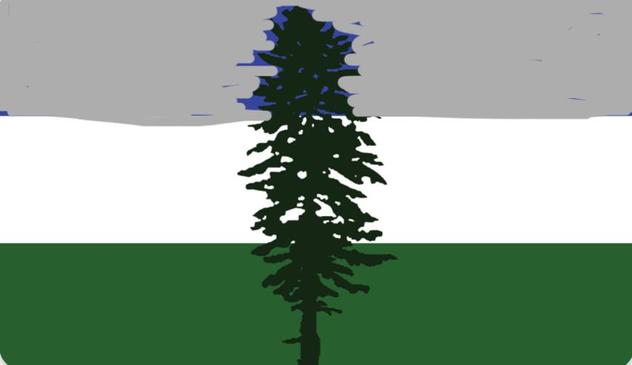 A modified Cascadia flag: the Doug fir tree and the green and white bars remain, however, the blue sky has been changed to a cloudy gray (or grey 🇨🇦)