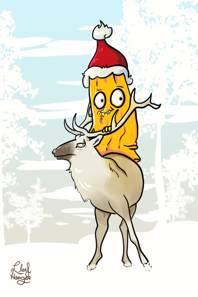 A happy churro riding a reindeer in the middle of a snowy forest.