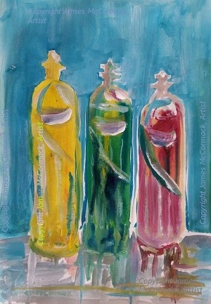 Washing up liquid in three plastic squeeze bottles in red, green and yellow.